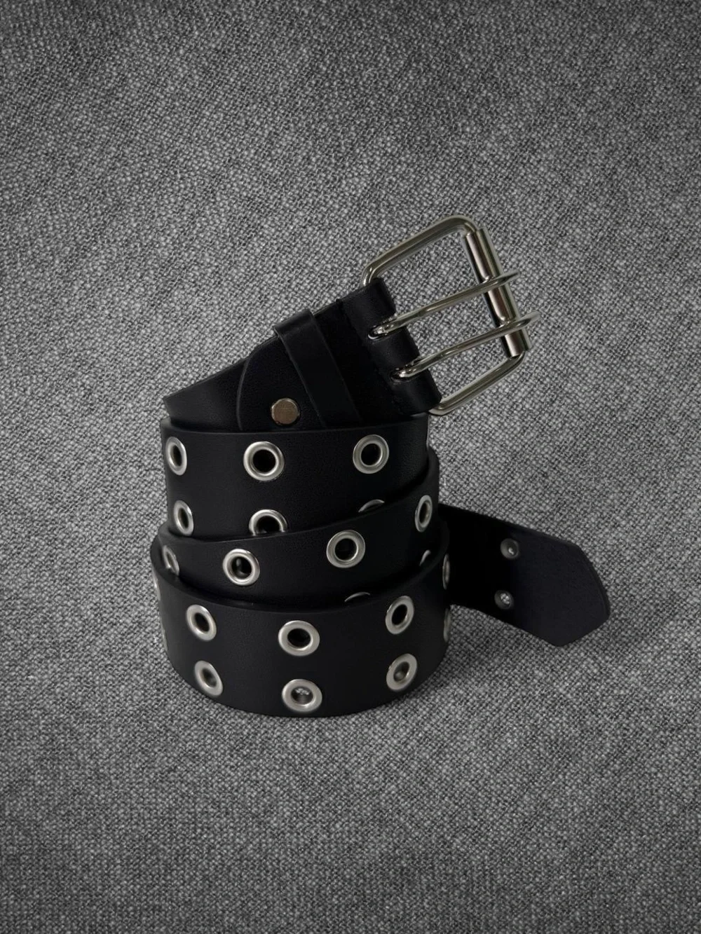 Black Wide Double Row Grommet Belt Silver Double Prong Buckle Punk Y2K